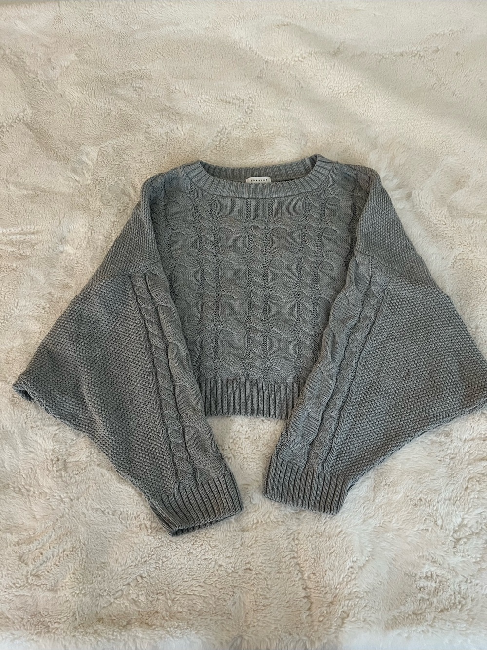 Topshop Gray Cable-Knit Cropped Crew Sweater